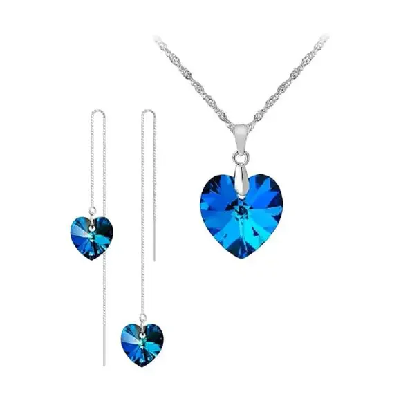 925 Sterling Silver Blue Crystal Heart Necklace & Earring Set Elegant Wedding - Picture 1 of 5